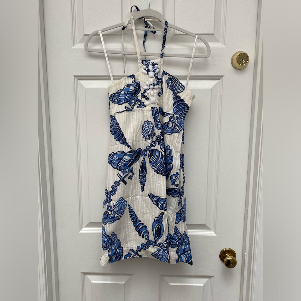 Lilly Pulitzer Blue & White Nautical Halter Dress. Beaded Embellishments- Size 0